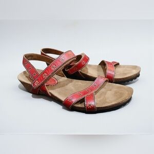 Spring Step Red Leather Strap Low Cork Wedge Sandals Womans 39 8.5